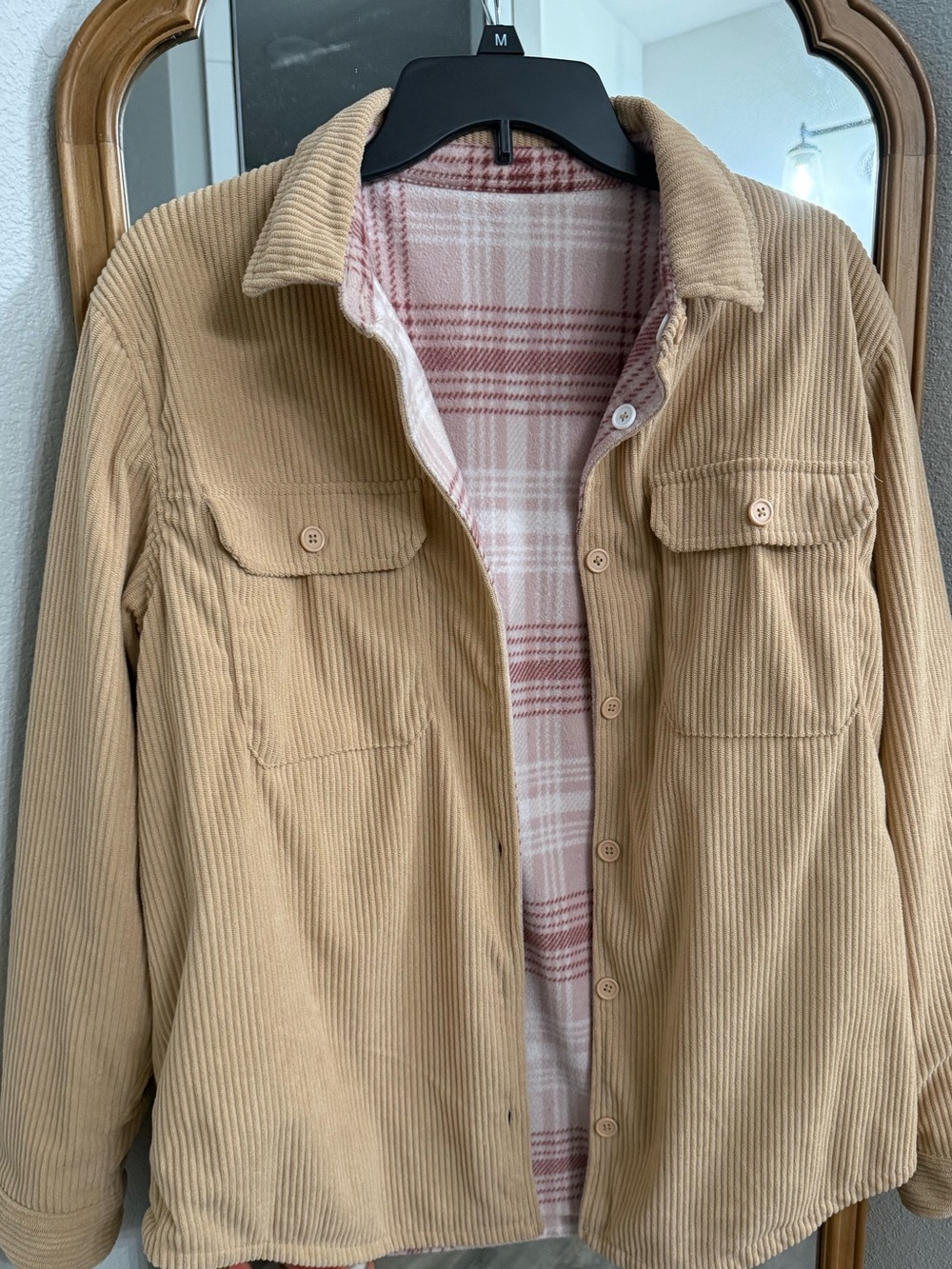 Women’s Tan Corduroy Shacket with Plaid Lining